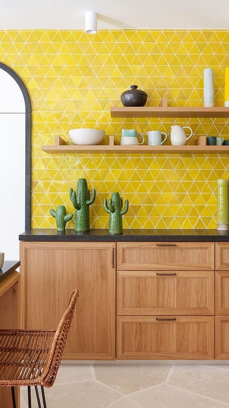 Kitchen With Yellow Design, kitchen, yellow, design, brown, wooden, HD phone wallpaper