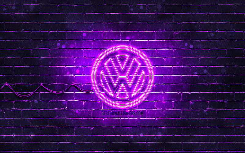 Volkswagen violet logo violet brickwall, Volkswagen logo, cars brands, Volkswagen neon logo, Volkswagen, HD wallpaper