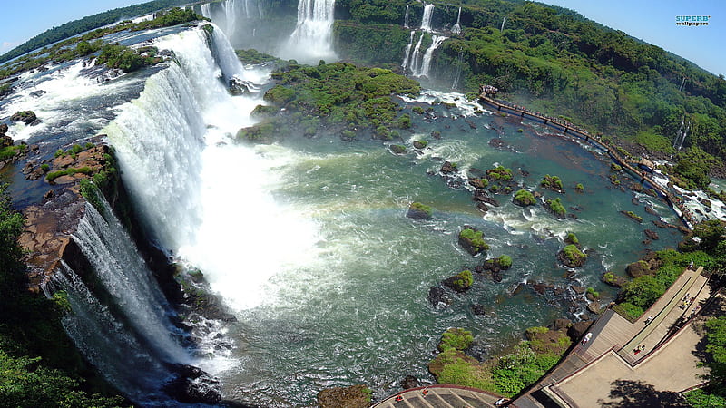 iguazu falls, view points, fish eye, waterfalls, people, HD wallpaper