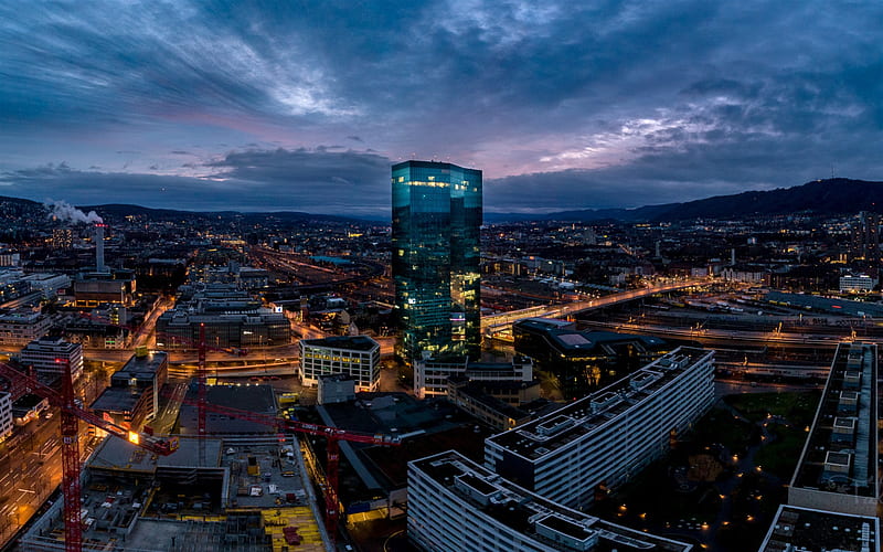 Zurich, Switzerland, evening, cityscape, skyscraper, business center, swiss city, sunset, HD wallpaper