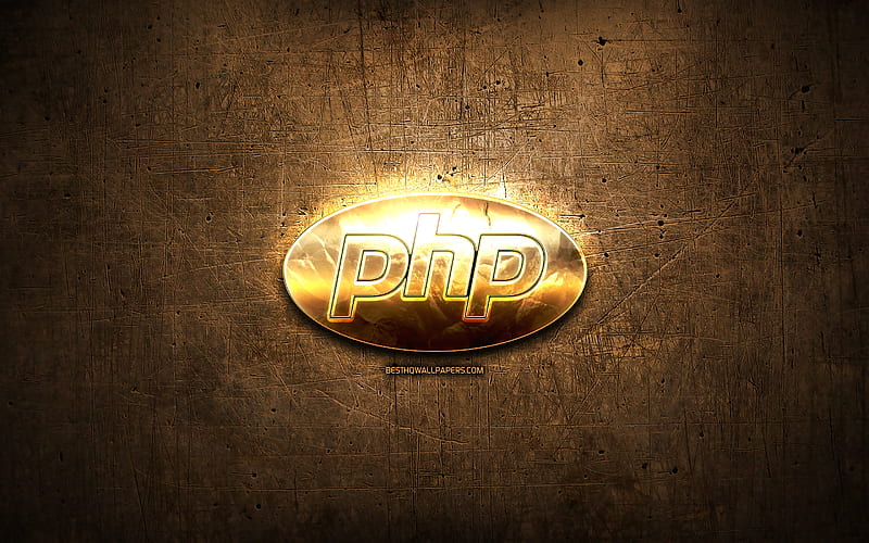 PHP golden logo, programming language, brown metal background, creative, PHP logo, programming language signs, PHP, HD wallpaper