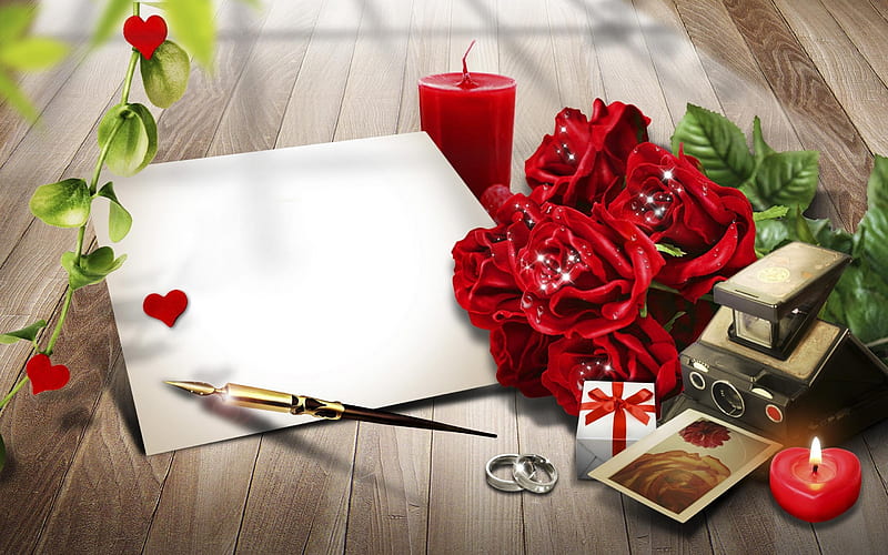 Romantic moment red, romantic, roses, abstract, candles, pen, moment, love, flowers, wedding rings, small box, letter, HD wallpaper