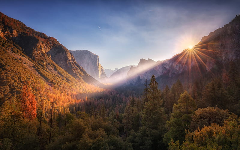 Sierra Nevada, autumn, mountain landscape, yellow trees, sunset, evening, autumn landscape, Yosemite National Park, California, USA, HD wallpaper