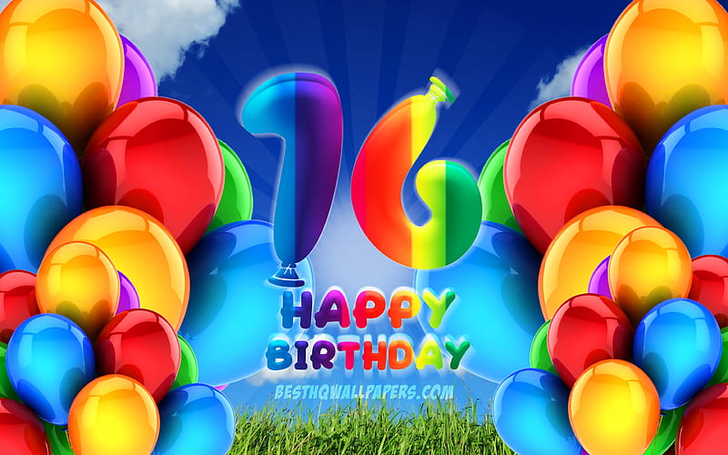 Happy 16 Years Birtay, cloudy sky background, Birtay Party, colorful ballons, Happy 16th birtay, artwork, 16th Birtay, Birtay concept, 16th Birtay Party, HD wallpaper