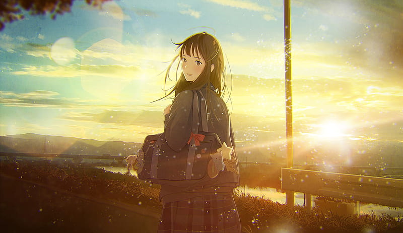 anime school girl, back view, sunlight, village, walking, scenic, Anime, HD wallpaper