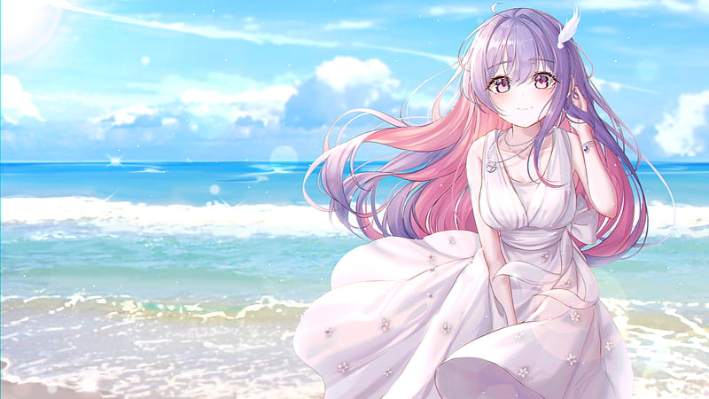 Attractive anime girl, white dress, smiling, purple hair, ocean ...