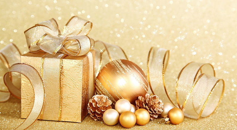 Christmas gift, abstract, softness, ornaments, Christmas, holidays, golden, gift, still life, gold, graphy Xmas, HD wallpaper