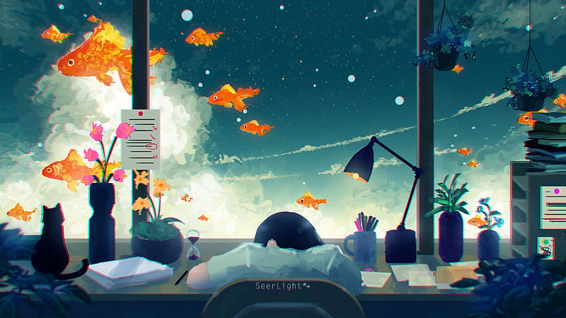 anime girl, sleeping, cat, fishes, stars, dreamland, Anime, HD wallpaper