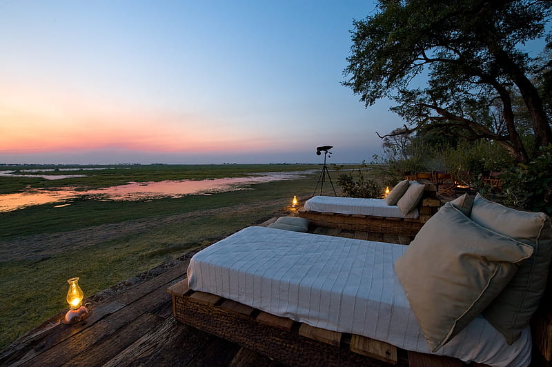 Relax....., rest, sleep, lantern, view, sunset, trees, divan, lake, outdoors, africa, botswana, nature, bush camp, luxury, HD wallpaper