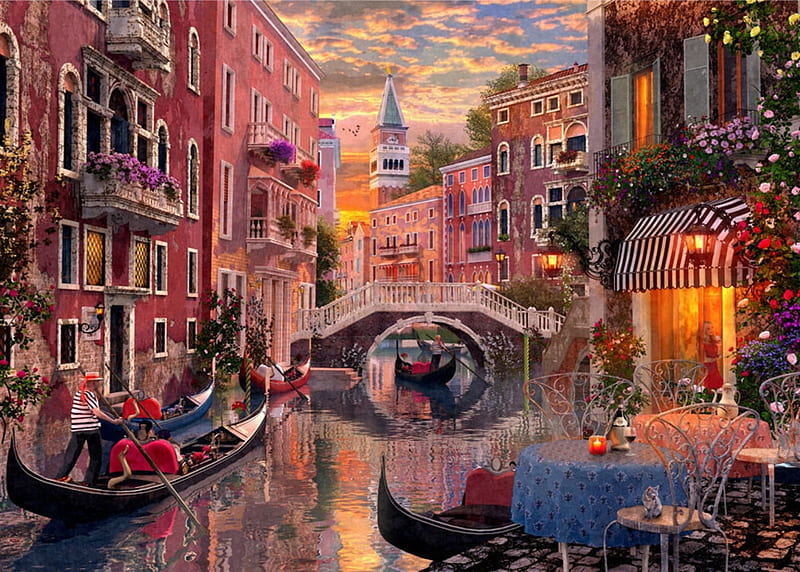 Sunset in Venice, art, boat, water, canal, dominic davison, painting, venice, pictura, pink, HD wallpaper