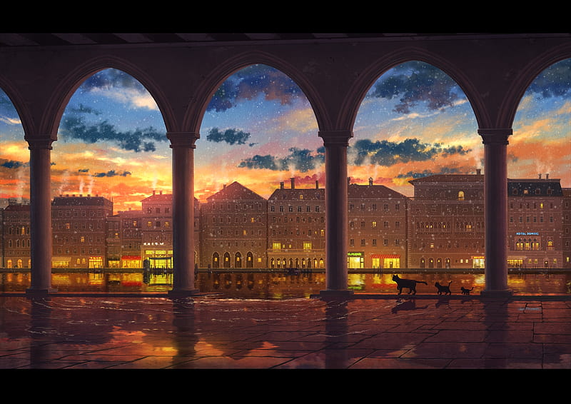 anime city, sunset, venice, canal, buildings, scenic, cats, Anime, HD wallpaper