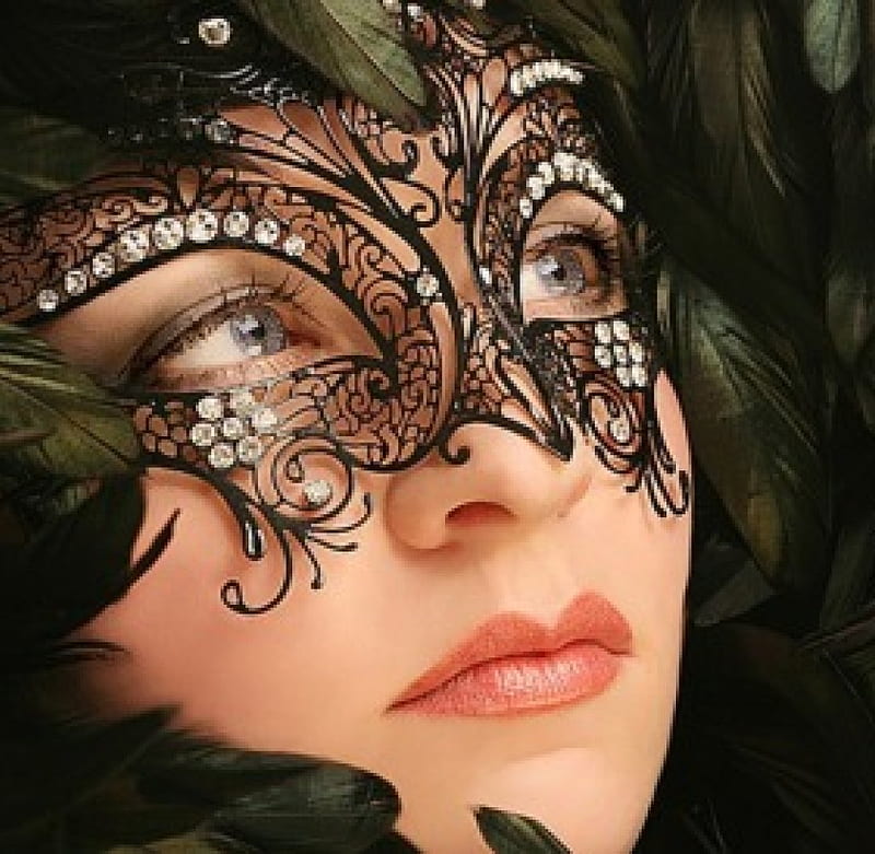 Masquerade, stones, girl, black, bonito, face, mask, feathers, HD wallpaper