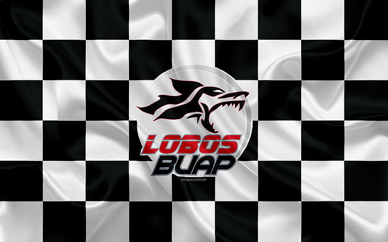 Lobos BUAP logo, creative art, white black checkered flag, Mexican Football club, Primera Division, Liga MX, emblem, silk texture, Puebla de Zaragoza, Mexico, football, HD wallpaper