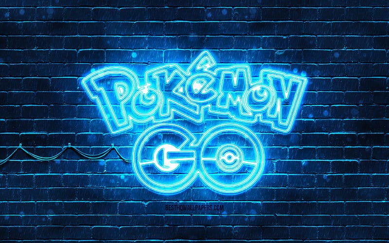 Pokemon Go blue emblem blue brickwall, Pokemon Go emblem, games brands, Pokemon Go neon emblem, Pokemon Go, HD wallpaper