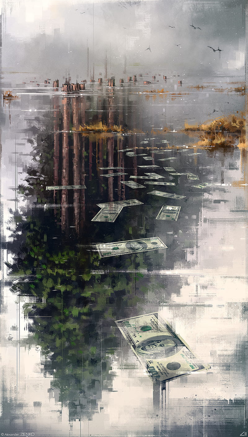 Alexander Zienko, water, dollar, paper, trees, frozen lake, mirror, painting, HD phone wallpaper