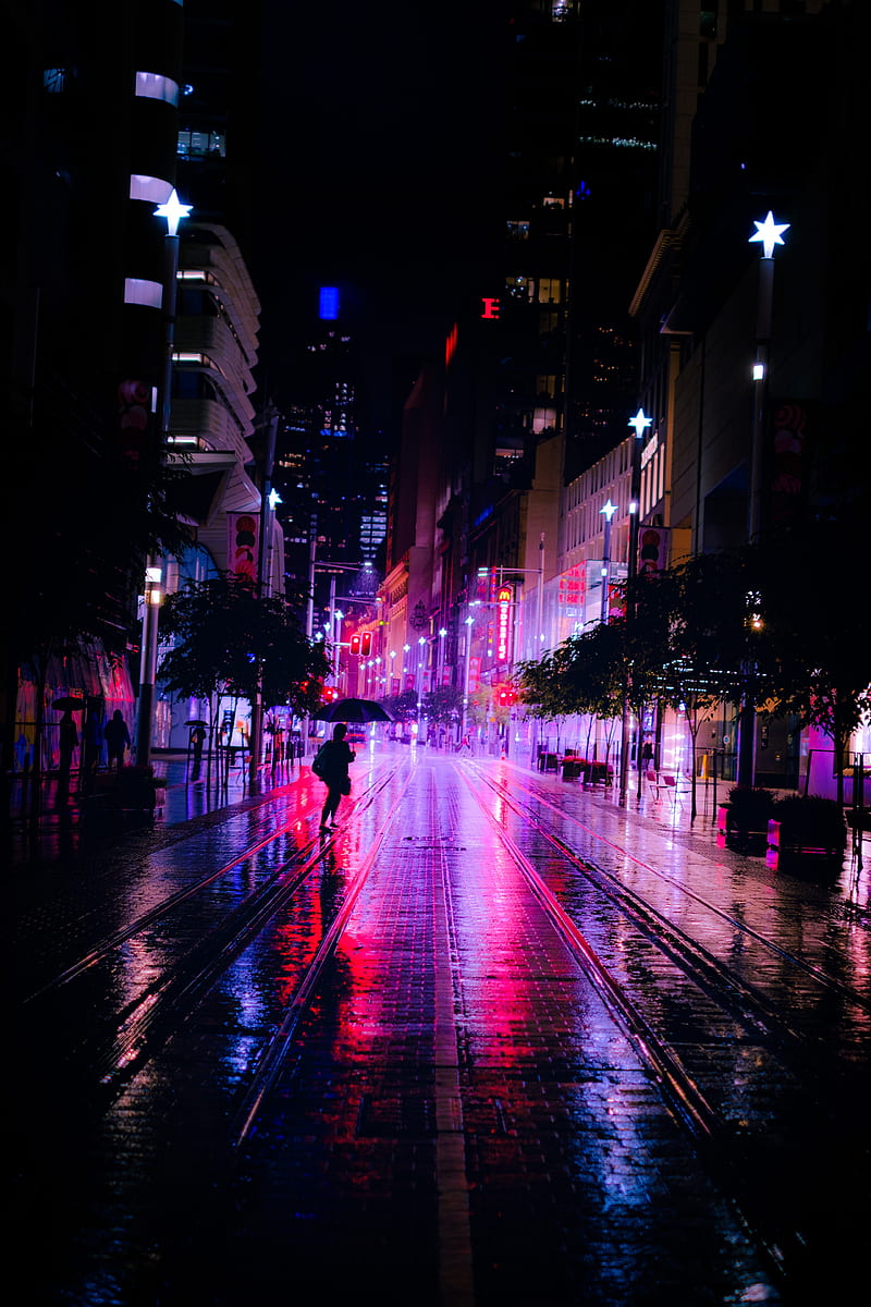 neon city, raining, railway, urban, people, darkness, City, HD phone wallpaper