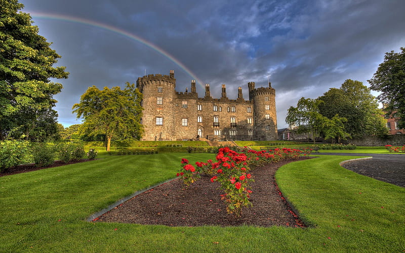 After The Rain, architecture, house, grass, neauty, clouds, red rose, splendor, lovely, houses, sky, trees, building, windows, rain, landscape, red roses, fence, rose, ireland, stairs, rainbow, bonito, green, view, bench, kilkenny castle, tree, medieval, benches, peaceful, mansion, nature, castle, HD wallpaper
