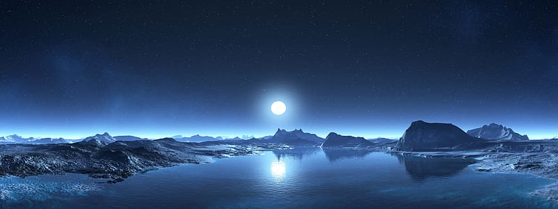 Mountain, Lake, Planet, Sci Fi, Cold, Moonrise, Shiver, HD wallpaper