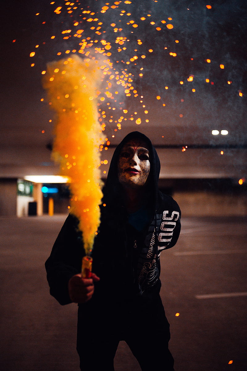 anonymous, mask, colored smoke, hood, sparks, HD phone wallpaper