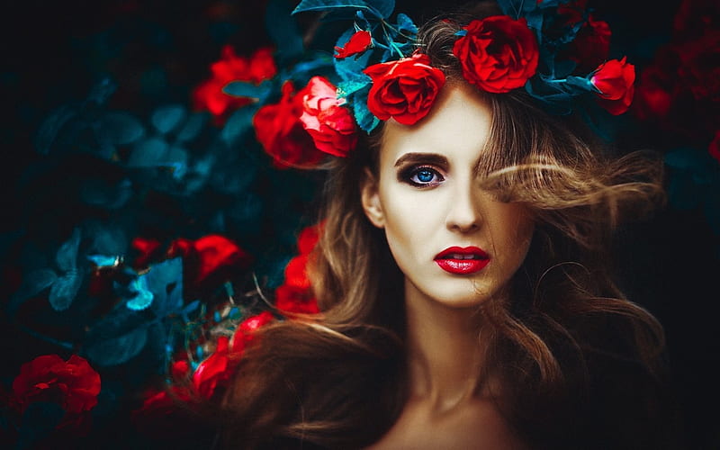beautiful makeup, spring, red roses, portrait, beautiful girl, HD wallpaper