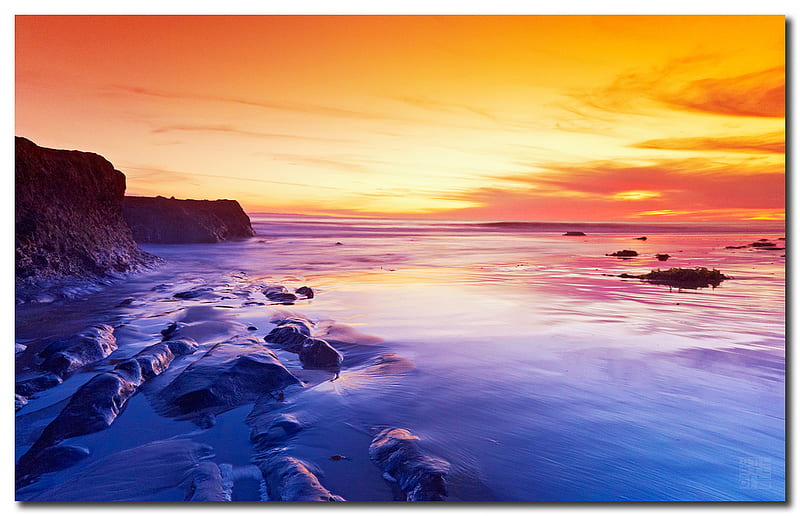 Golden Sunset, rocks, skyscape, water, colors, seascape, sunset ...