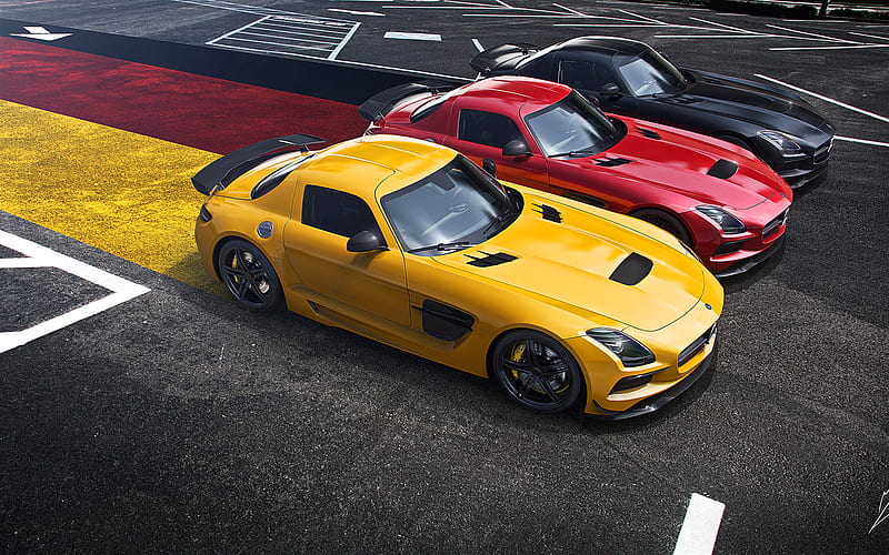 Mercedes-Benz SLS, AMG, Black Edition, flag of Germany, German flag, sports cars, Yellow SLS, Red SLS, Black SLS, Mercedes, HD wallpaper