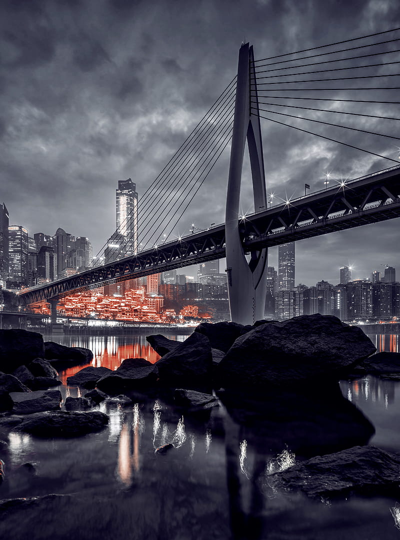 city, night city, bridge, water, stones, HD phone wallpaper