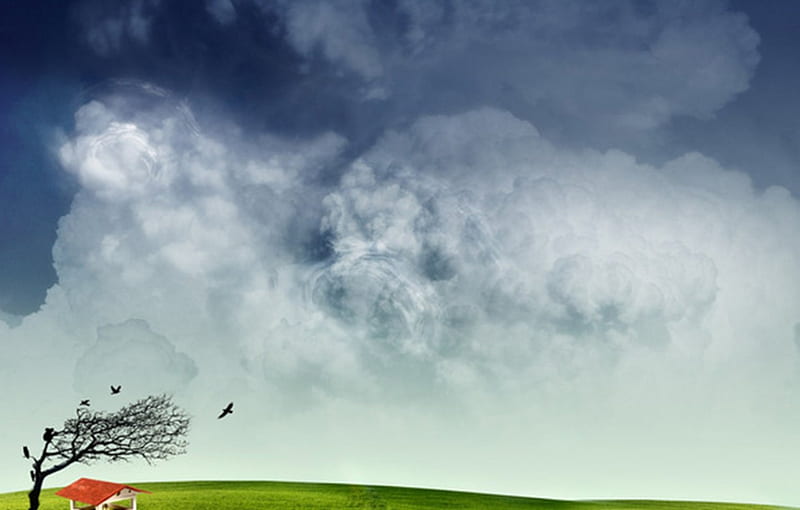 Chasing the clouds, house, greenery, day, fields, misty, clouds, sky, HD wallpaper