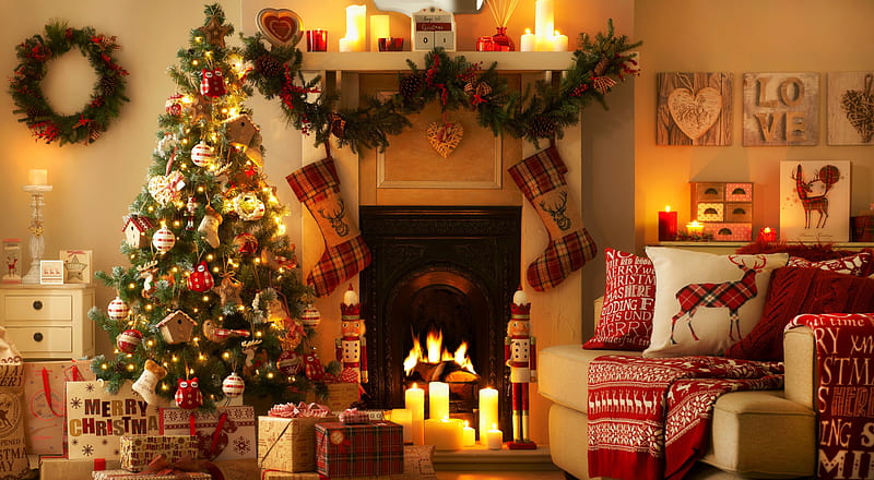 Merry Christmas , christmas tree, holidays, christmas, living room, home, bonito, candles, fireplace, tree, merry christmas, HD wallpaper