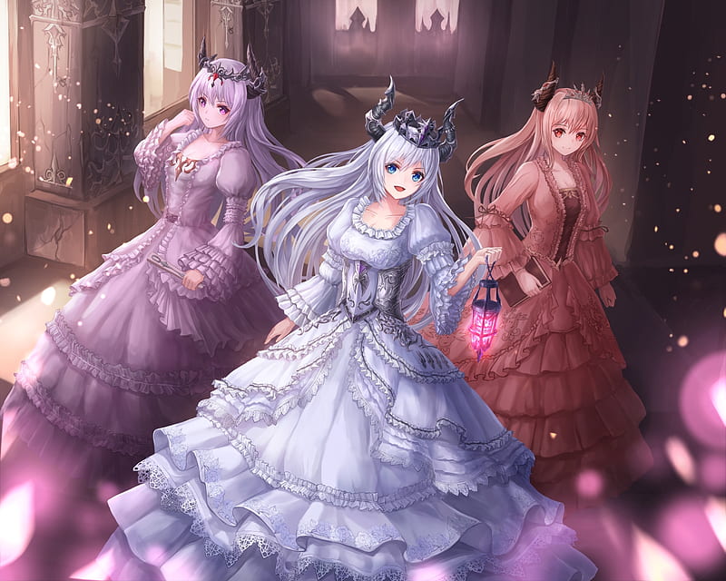 Princesses, lunacle, dress, purple, girl, anime, trio, manga, pink, HD wallpaper