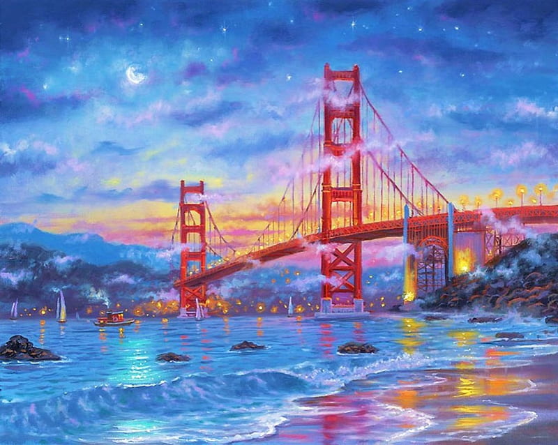 Golden Gate Bridge, water, painting, clouds, bay, artwork, san francisco, sea, HD wallpaper