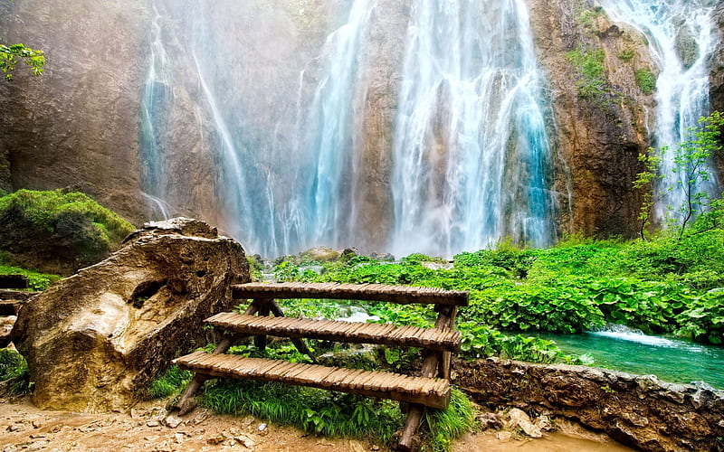 Waterfalls of Eden, pretty, rocks, amazing, wonderful, stunning, stairs, bonito, eden water, trees, lake, waterfalls, sea, mountain, nice, nature, hill, HD wallpaper