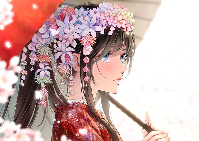 kimono, anime girl, pretty, flowers, umbrella, profile view, Anime, HD wallpaper