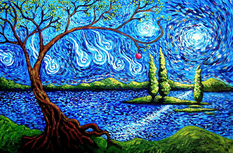 Water, tree, green, starry, sky, blue, night, pictura, wallpaper | Peakpx