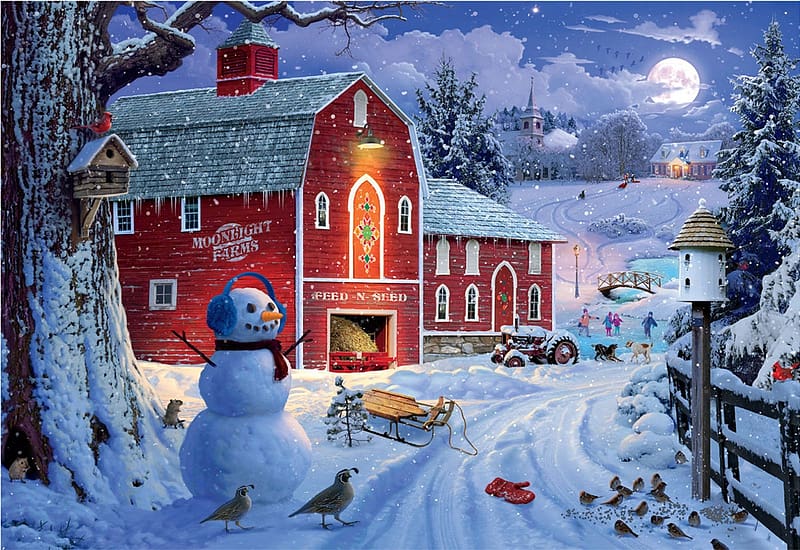 Winter Frolic, winter, snowman, painting, moon, snow, house, trees, road, HD wallpaper