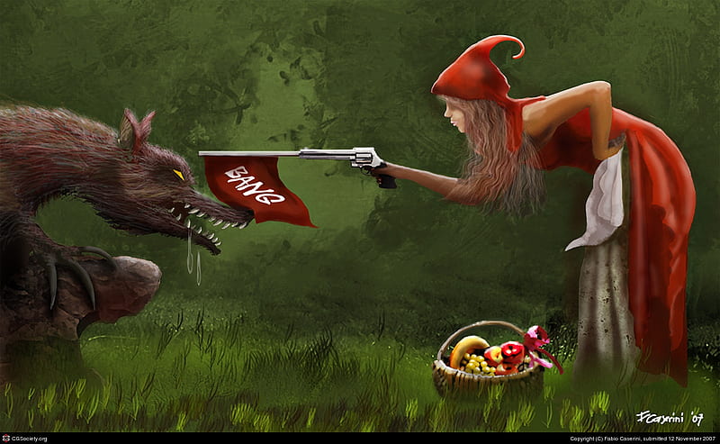 tricked wolf, hood, little red riding, story, wolf, wood, HD wallpaper