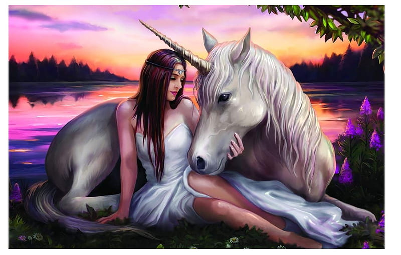 Pure heart, art, water, anne stokes, fantasy, luminos, girl, unicorn, pink, sunset, HD wallpaper