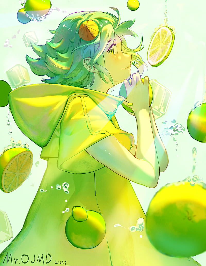 girl, lemonade, lemons, bubbles, anime, HD phone wallpaper