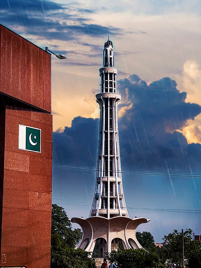 Minar e Pakistan, building, flag, lahore, monument, sky, HD phone wallpaper
