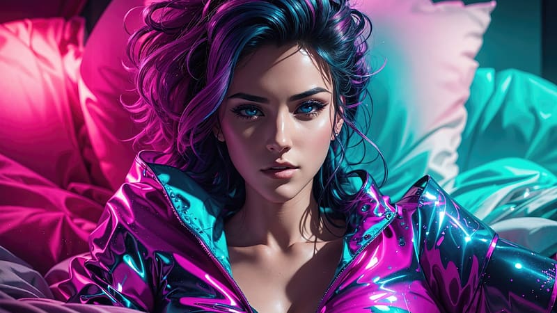 Girl, blue, neuroset, pink, neon, fantasy, art, face, cyberpunk, HD wallpaper