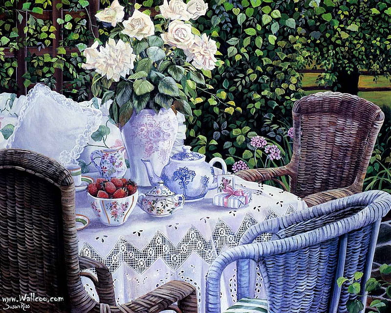 Tea time, pillow, present, vase, wicker chair, tea cups, tablecloth, gift, fruit, teapot, saucers, flowers, strawberries, garden, bowl, HD wallpaper