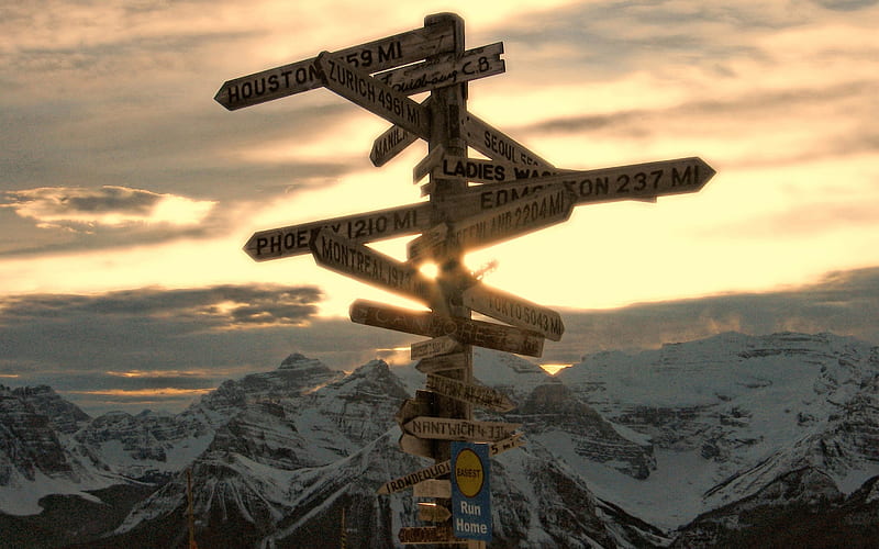 crossroads, mountain, post, sign, HD wallpaper