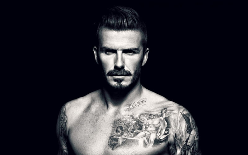 David Beckham, footballer, tattoo, black, man, white, blue, HD ...