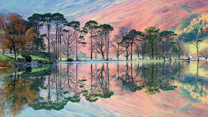 Buttermere Lake, Cumbria, United Kingdom, mountain, bank, nature, sky, reflection, trees, uk, lake, HD wallpaper