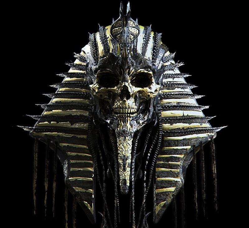 Faraon Skull, art, golden, black, bonito, abstract, gold, 3D, skull, blue, HD wallpaper