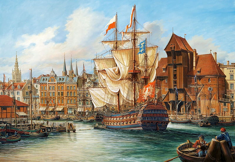 The Old Gdansk, artwork, ship, houses, harbor, painting, HD wallpaper