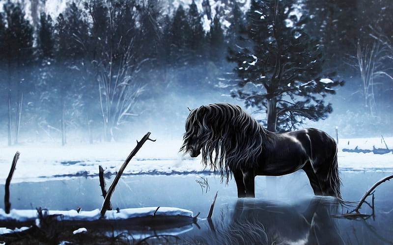 *Winter horse*, forest, art, paint, black, trees, horse, lake, mist, winter, fantasy, snow, scenery, frozen, landscape, HD wallpaper