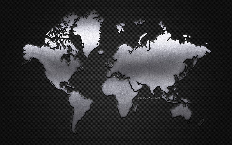 World Map, metal art, metal world map, gray carbon background, map background, World Map Silhouette, HD wallpaper