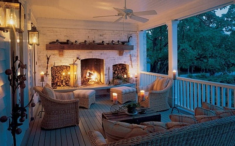romantic place, fireplace, fire, warmth, porch, interior, evening, HD wallpaper