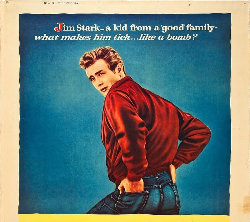Rebel Without a Cause 1955, actor, poster, red, rebel without a cause, movie, james dean, afis, man, blue, HD wallpaper